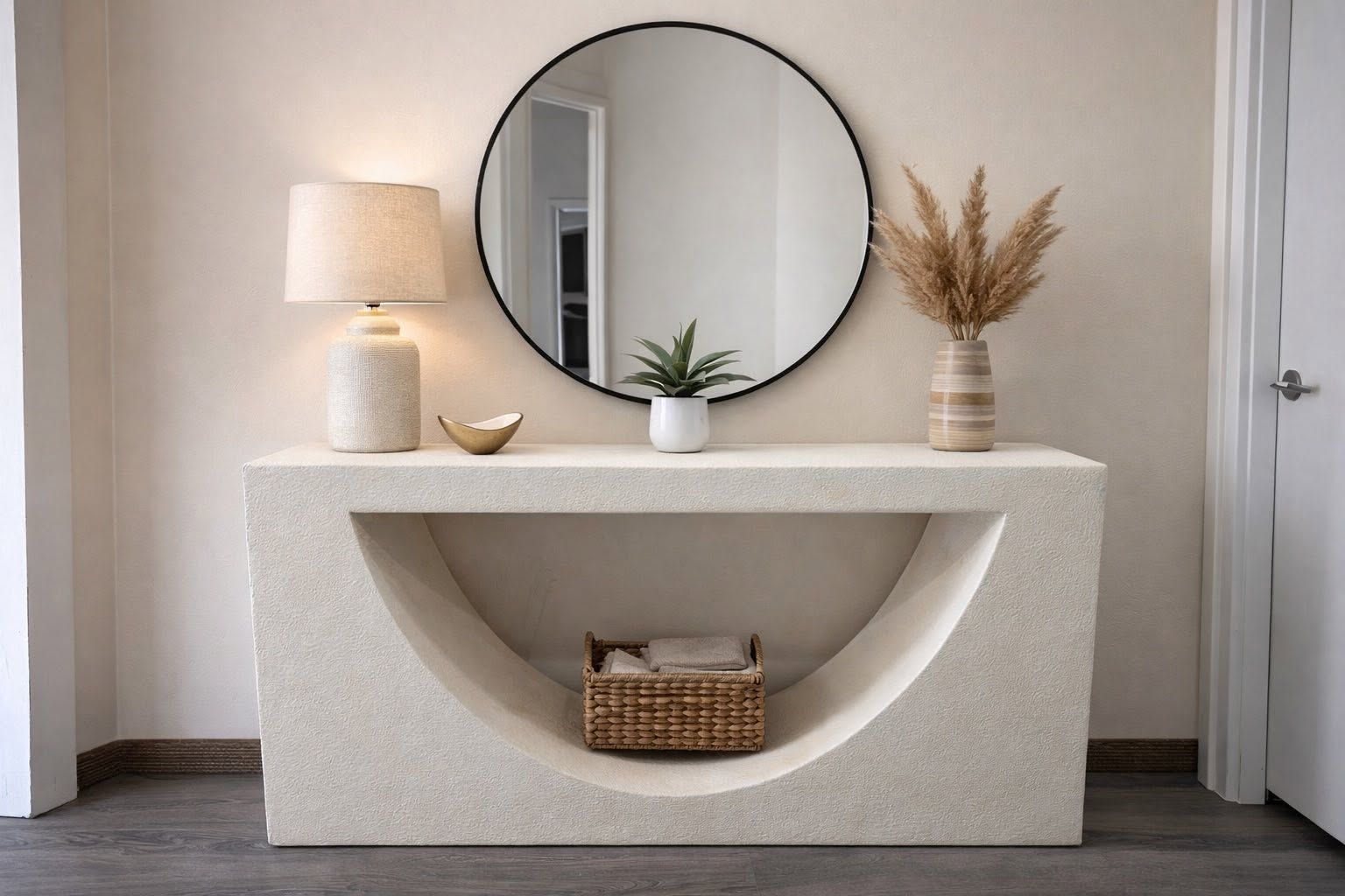 A white foam console table in an entryway under a round mirror