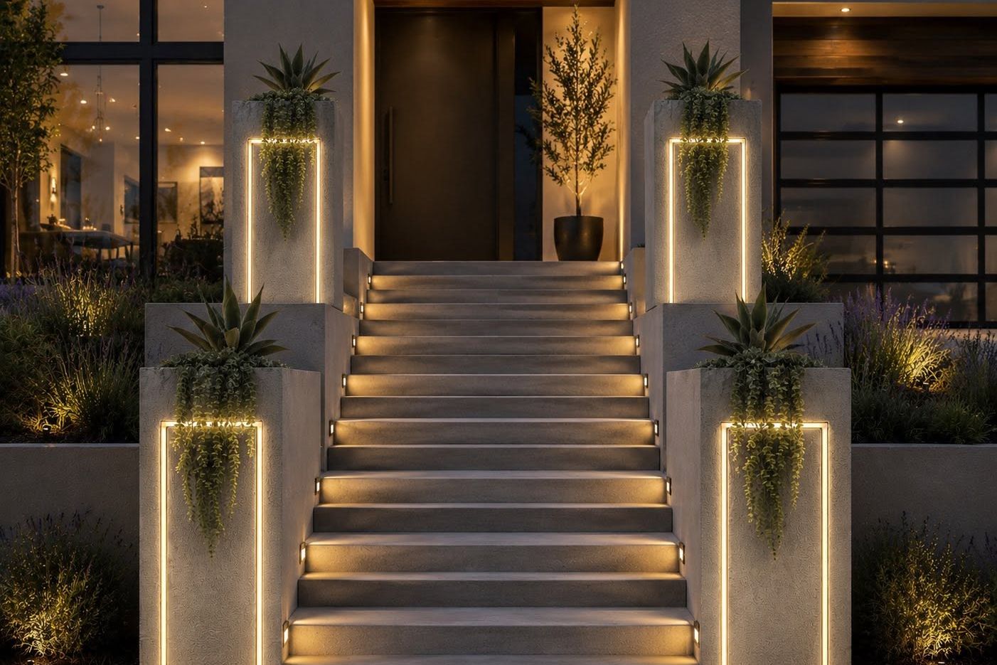 Illuminated foam planters flanking a lit entry staircase at night