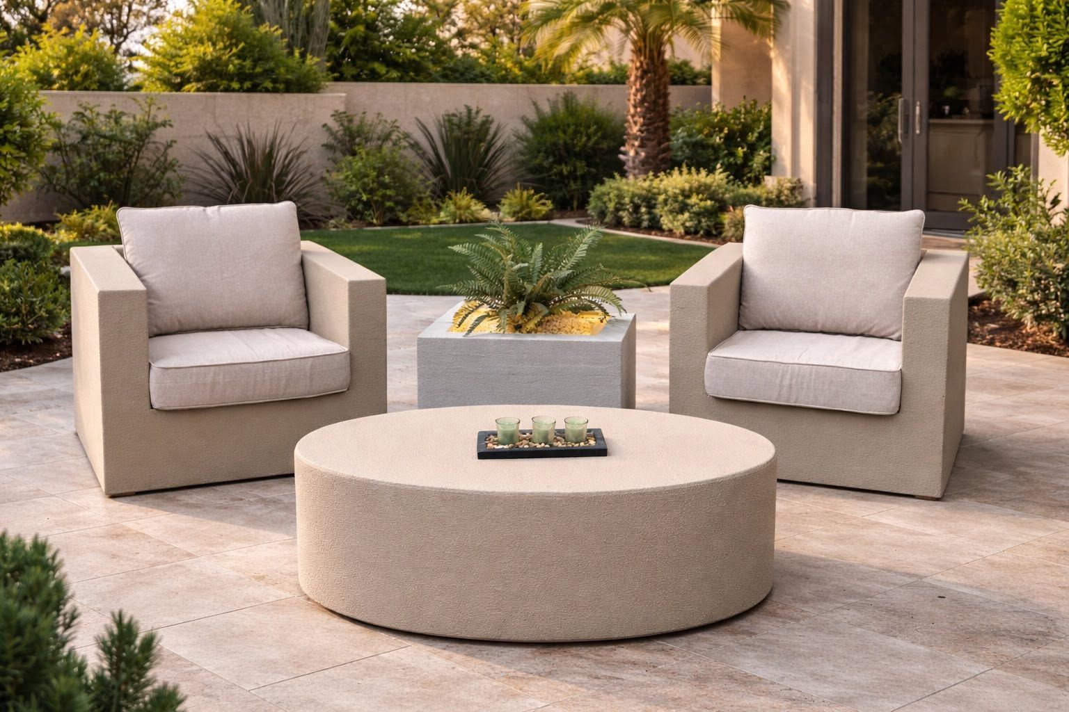 Two foam lounge chairs, a round foam table, and a foam planter on a patio