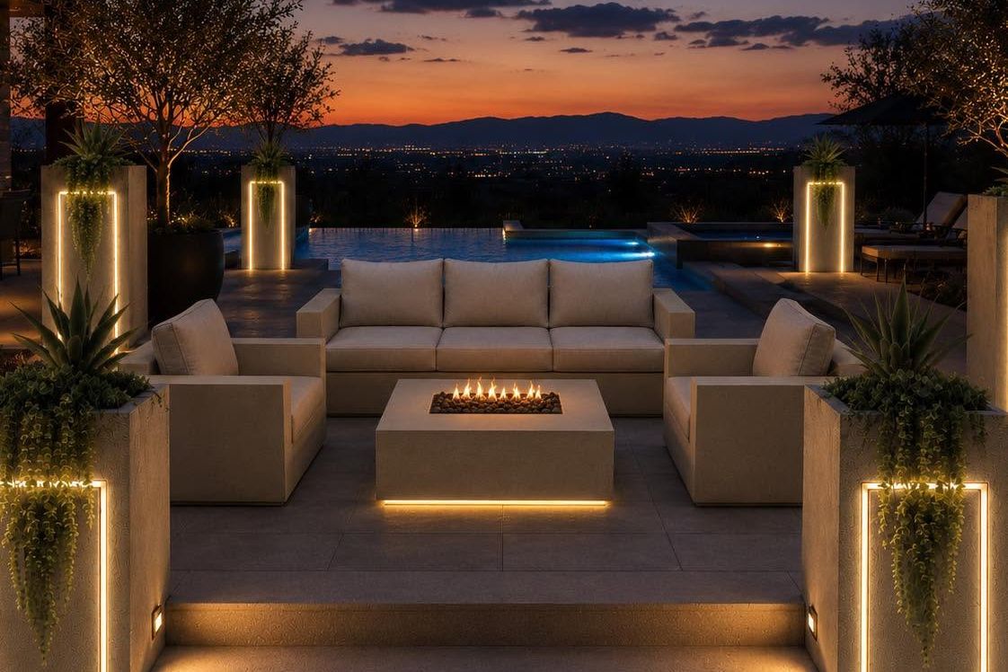 Lit foam planters and a fire table on a patio at dusk