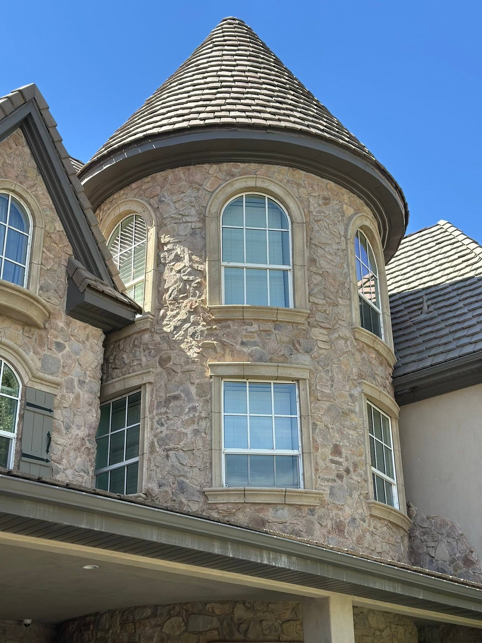 Close view of a stone turret with foam window surrounds and sills